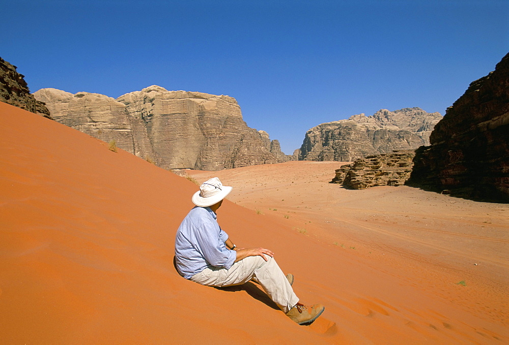 Red sand and rocks of the desert, Wadi Rum, Jordan, Middle East