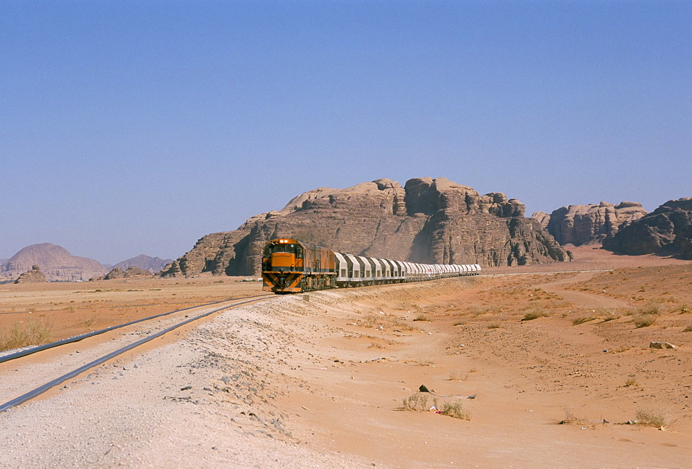 Train on railway in the desert, Shoubek, Jordan, Middle East