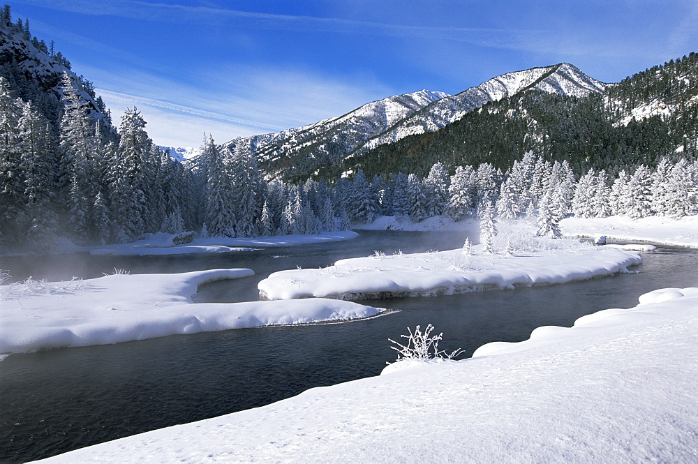 River in winter, Refuge Point, West Yellowstone, Montana, United States of America (U.S.A.), North America