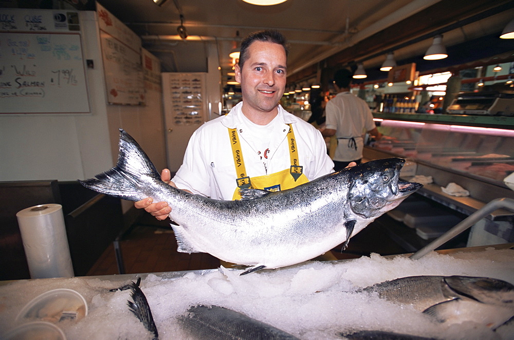 Selling fish at Granville Island Public Market, Vancouver, British Columbia, Canada, North America