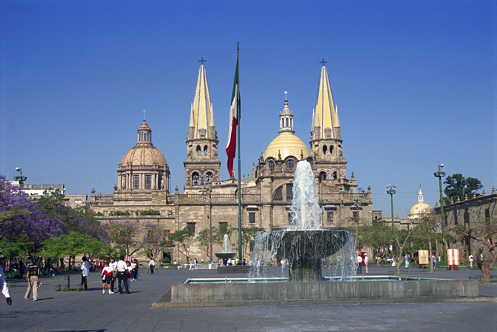 Fountain in front of the Christian cathedral in Guadalajara, Jalisco, Mexico, North America