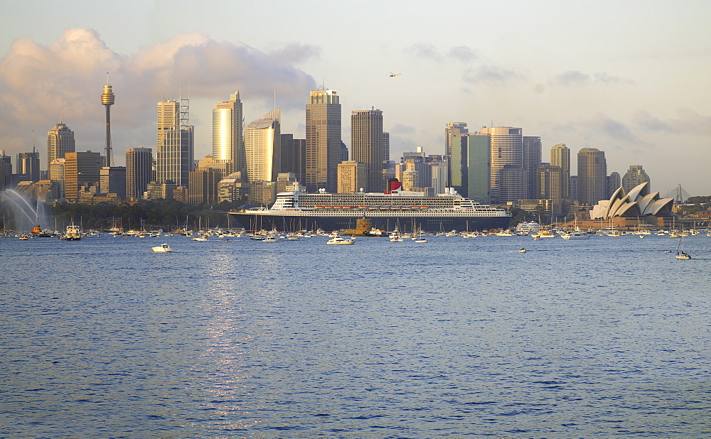 Queen Mary 2 on maiden voyage arriving in Sydney Harbour, New South Wales, Australia, Pacific