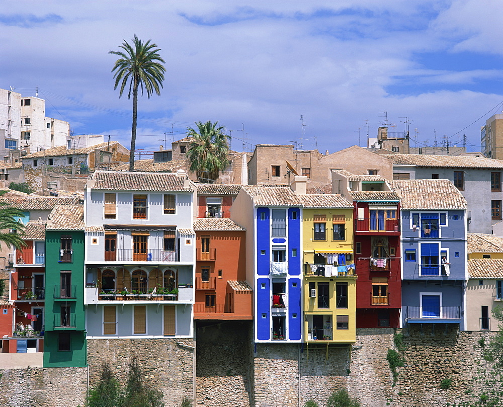 Brightly painted houses at Villajoyosa in Valencia, Spain, Europe