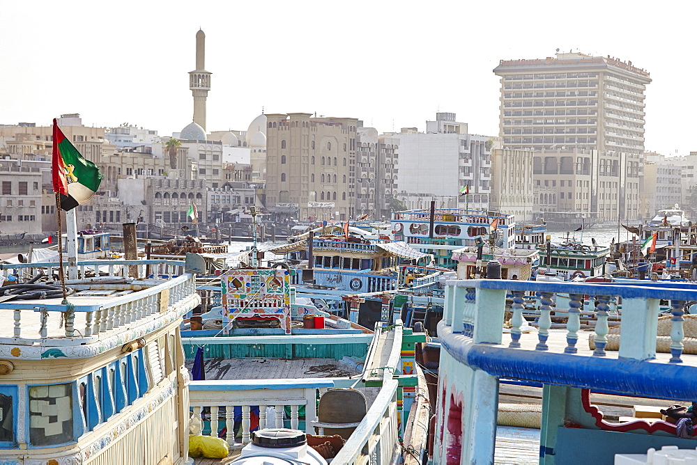 Transport boats lined up at Dubai Creek, Dubai, United Arab Emirates, Middle East