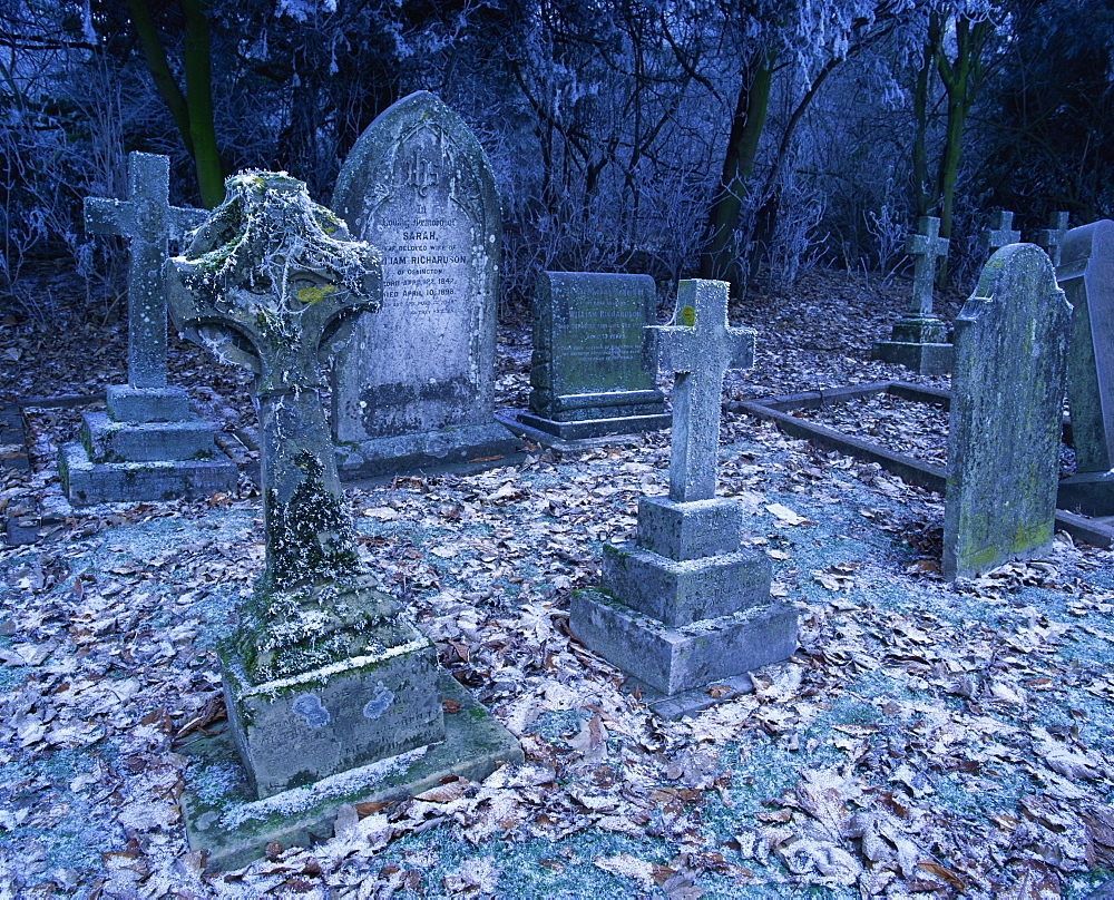 Frost on headstones and gravestones in a graveyard in winter at Ossington, Nottinghamshire, England, UK, Europe