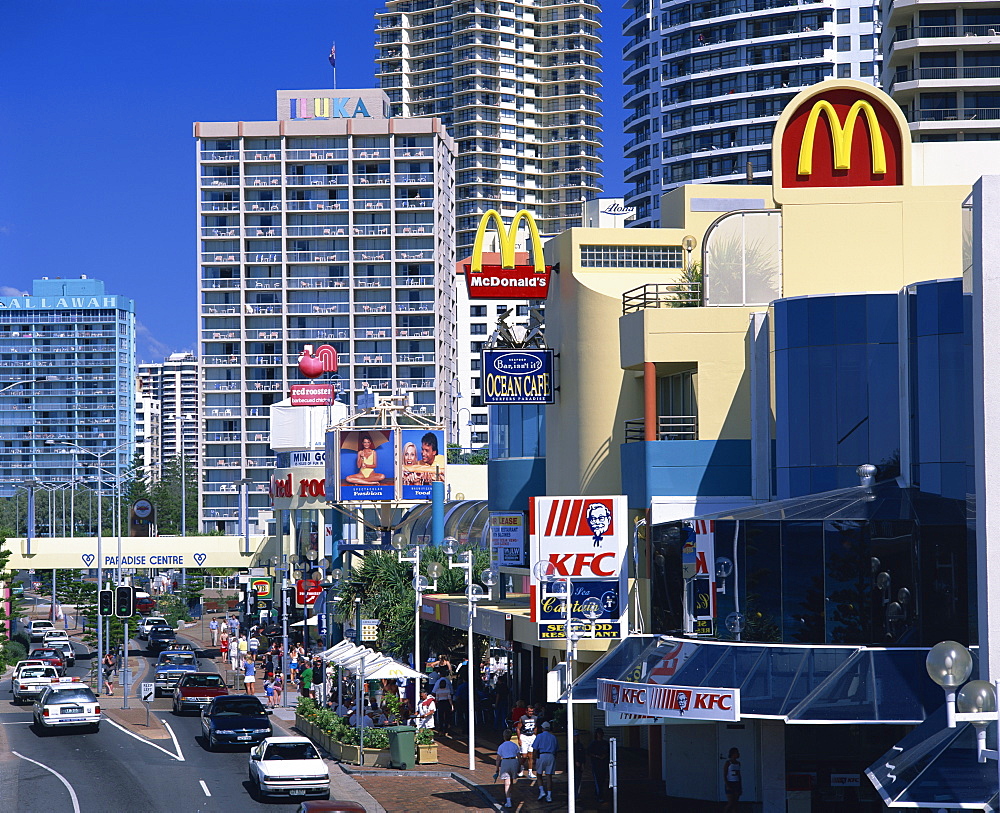 High angle view of a street scene, with fast food outlet signs, in Surfers Paradise, Gold Coast, Queensland, Australia, Pacific