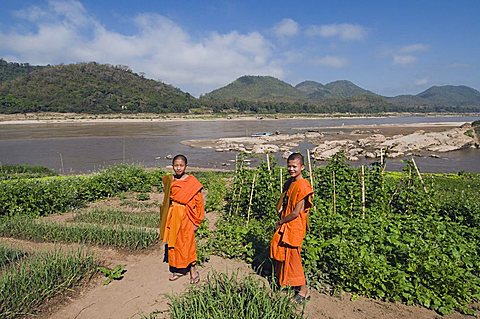 Monks by side of Mekong River, Luang Prabang, Laos, Indochina, Southeast Asia, Asia