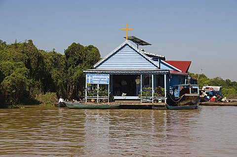 Floating church, Tonle Sap Lake, Vietnamese Boat People , near Siem Reap, Cambodia, Indochina, Southeast Asia, Asia