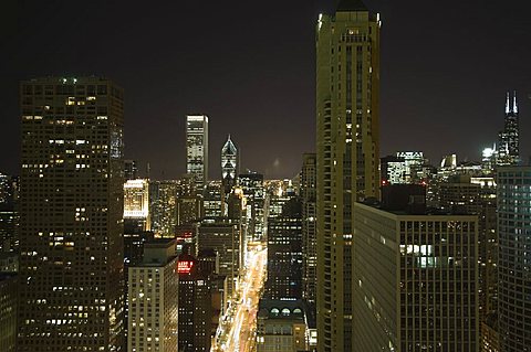 Night shot of the Magnificent Mile taken from the Hancock Building, Chicago, Illinois, United States of America, North America