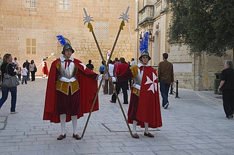 Guards in Medieval costume in Mdina the fortress city, Malta, Europe