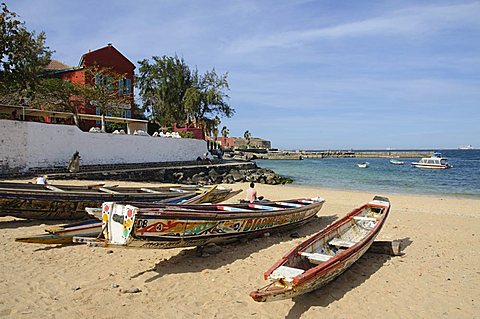 Pirogues (fishing boats) on beach, Goree Island, near Dakar, Senegal, West Africa, Africa