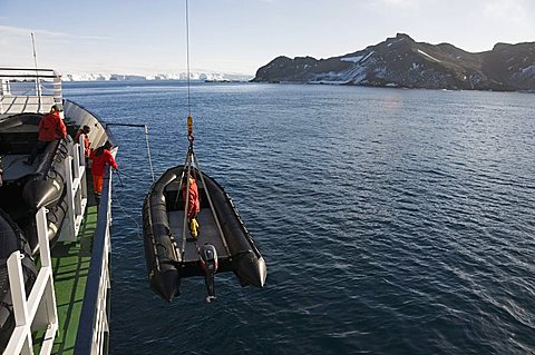 Unloading zodiac for landing on Gourdin Island, Antarctic Peninsula, Antarctica, Polar Regions