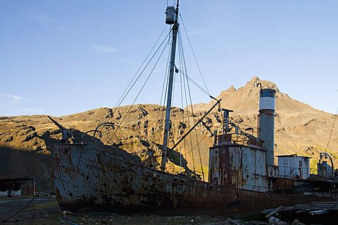 Old catcher boats, Harpoon boats, at the old whaling station, Grytviken, South Georgia, South Atlantic