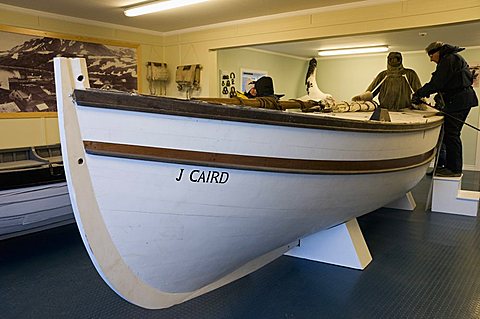 Replica of boat Shackleton used to cross from Elephant Island to South Georgia, in museum at Grytviken, South Georgia, South Atlantic