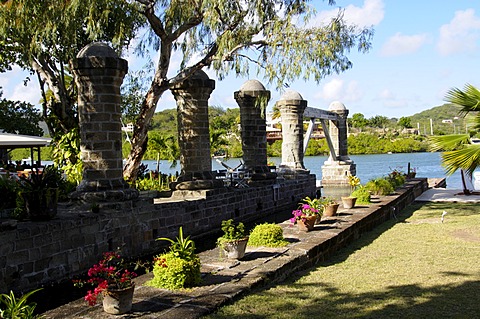 Old sail loft stone columns, Nelsons Dockyard, Antigua, Leeward Islands, West Indies, Caribbean, Central America