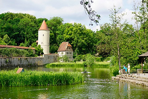 Tower and old city walls, Dinkelsbuhl, Romantic Road, Franconia, Bavaria, Germany, Europe