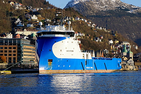 View on the harbour Bergen with oil industry support ship, Hordaland, Norway, Scandinavia, Europe