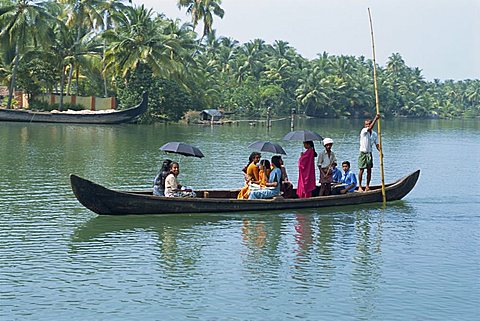 Canals and rivers used as roadways, ferry on Backwaters, Kerala state, India, Asia