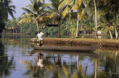 Typical backwater scene, where canals and rivers are used as roadways, Kerala state, India, Asia