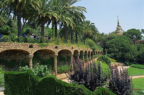 Gaudi achitecture and gardens, Gaudi Guell Park, Barcelona, Catalonia (Cataluna) (Catalunya), Spain, Europe