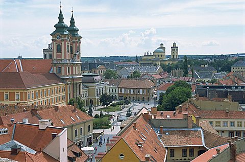 View from the castle looking down onto Istvan Dobo Ter Square, Eger, Hungary, Europe