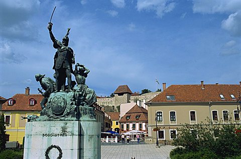 Statue of the famous Istvan Dobo in the Istvan Dobo Ter Square, Eger, Hungary, Europe