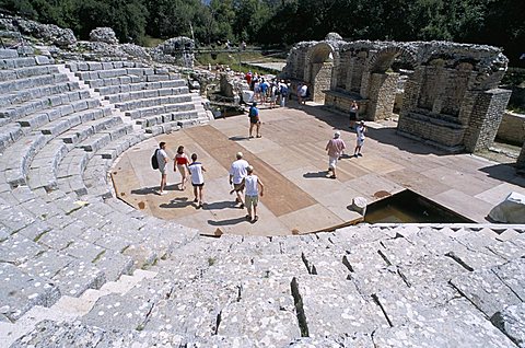 Roman archaeological site, amphitheatre stage dating from 2nd century AD, and terraced seating from 3rd century AD, Butrinti, Albania, Europe