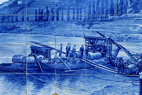 Azulejos showing port barges, Pinhao railway station, Douro region, Portugal, Europe