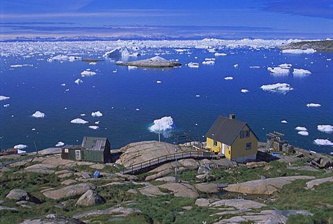 Coast and settlement of Ilimanaq, formerly Claushavn, Greenland, Polar Regions