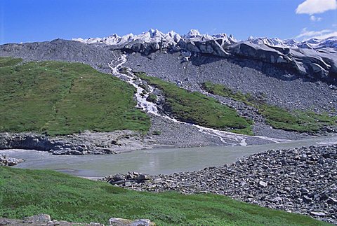 Inland icecap at top, moraine in front, Kangerlussuaq, Greenland, Polar Regions