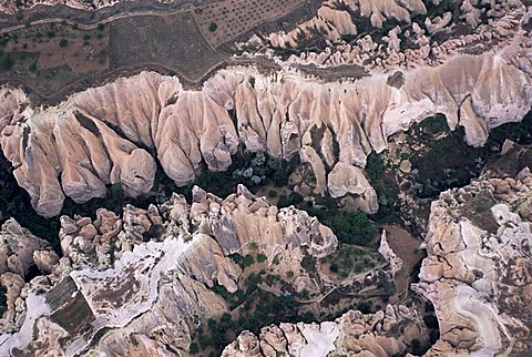 Looking down from hot air balloon, near Goreme, Cappadocia, Anatolia, Turkey, Asia Minor, Asia