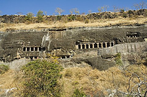 Ajanta Cave complex, Buddhist Temples carved into solid rock dating from the 5th century BC, UNESCO World Heritage Site, Ajanta, Maharashtra, India, Asia