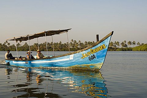 Tourist boats on backwater near Mobor, Goa, India, Asia