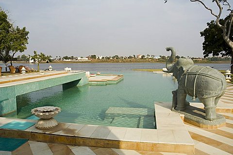 View of swimming pool at Udai Vilas Palace now a heritage hotel, Dungarpur, Rajasthan state, India, Asia