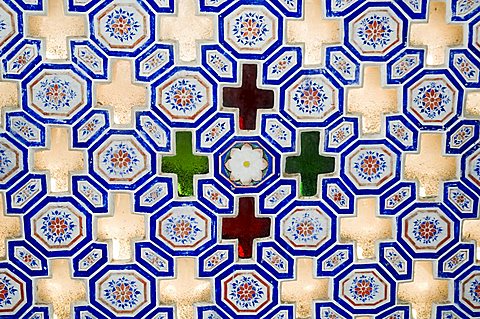 Glass and tile work embedded in walls of the Juna Mahal Fort, Dungarpur, Rajasthan state, India, Asia