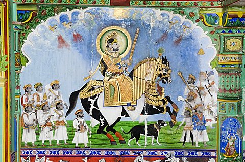 Beautiful frescoes on walls of the Juna Mahal Fort, Dungarpur, Rajasthan state, India, Asia