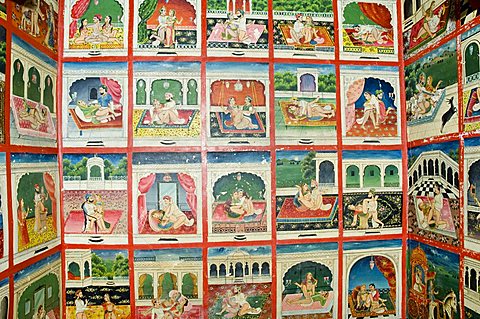 Scenes from the Kama Sutra in a cupboard in the Juna Mahal fort, Dungarpur, Rajasthan state, India, Asia