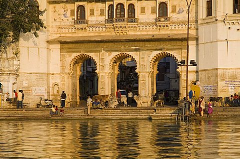 View of the ghats from Lake Pichola, Udaipur, Rajasthan, India, Asia