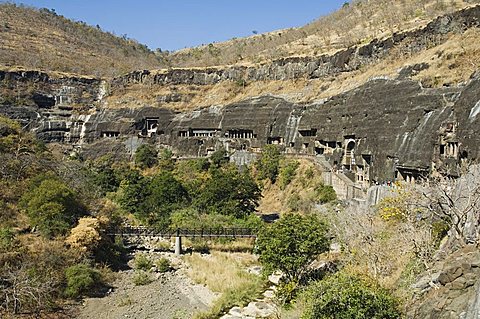 Ajanta Cave complex, Buddhist Temples carved into solid rock dating from the 5th Century BC, Ajanta, Maharastra, India