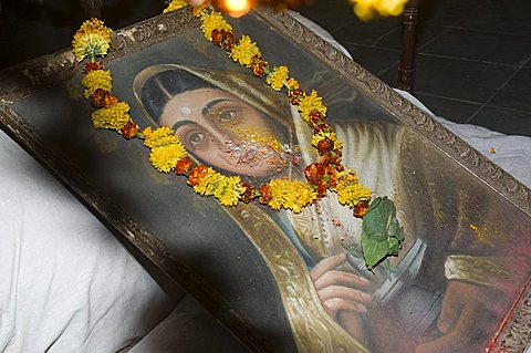 Protrait of one of India's most celebrated 18th centure female rulers, Ahilya Bai Holkar.  Maheshwar, Madhya Pradesh, India