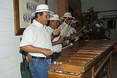 Musicians playing a type of xylophone, Hacienda Guachipelin, near Rincon de la Vieja National Park, Guanacaste, Costa Rica, Central America