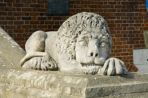 Lions at base of Town Hall tower in Main Market Square, Krakow (Cracow), UNESCO World Heritage Site, Poland, Europe