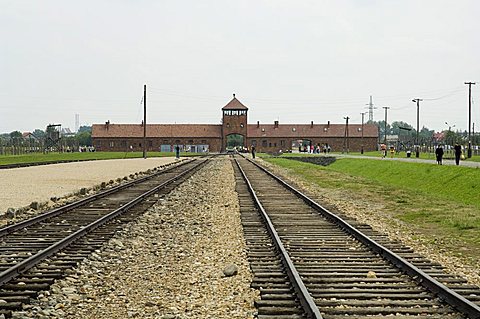 Railway line and platform where prisoners were unloaded and separated into able bodied men, kept for work, and woman and children who were taken to gas chambers, Auschwitz second concentration camp at Birkenau, UNESCO World Heritage Site, near Krakow (Cra