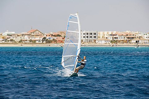 Wind surfing at Santa Maria on the island of Sal (Salt), Cape Verde Islands, Africa