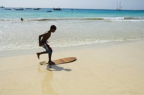 Beach surfing at Santa Maria on the island of Sal (Salt), Cape Verde Islands, Africa