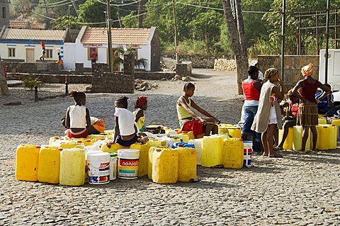 Water containers that have been filled from communal water facility and are awaiting collection, Cidade Velha, Santiago, Cape Verde Islands, Africa