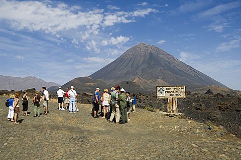 Tourists and the volcano of Pico de Fogo in the background, Fogo (Fire), Cape Verde Islands, Africa