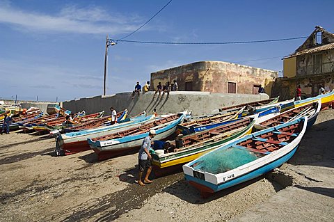 Fishing boats at the port of Ponto do Sol, Ribiera Grande, Santo Antao, Cape Verde Islands, Atlantic, Africa