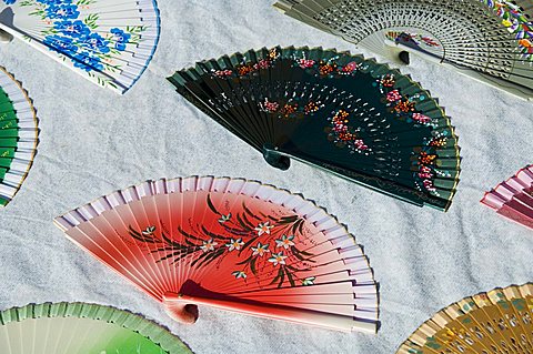 Fans for sale, Plaza de Espana erected for the 1929 Exposition, Parque Maria Luisa, Seville, Andalusia, Spain, Europe