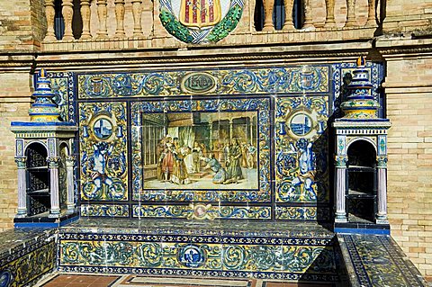 Tiled seating depicting various parts of historic Spain, Plaza de Espana erected for the 1929 Exposition, Parque Maria Luisa, Seville, Andalusia, Spain, Europe